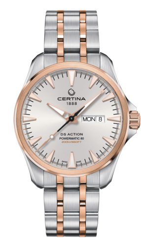 Certina DS Action Powermatic 80 Day-Date Stainless Steel / Rose Gold PVD / Silver / Bracelet